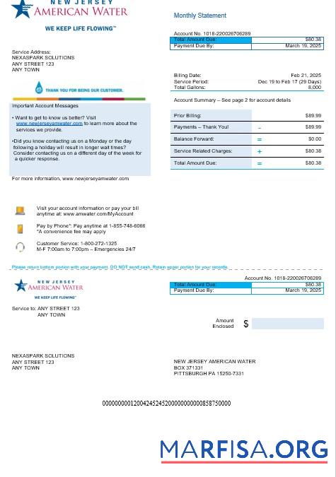 Downloadable USA New Jersey American water business utility bill Word and PDF template